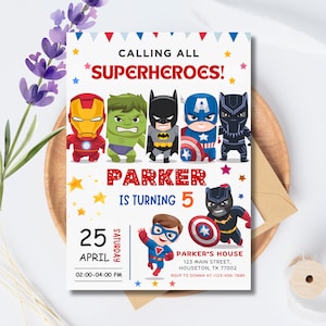 Bearbeitbare Superheld-Geburtstags-Einladungsvorlage, Avengers Superhero-Geburtstagseinladung, Kinderparty-Einladungsvorlage, Superheld-Einladungskarte