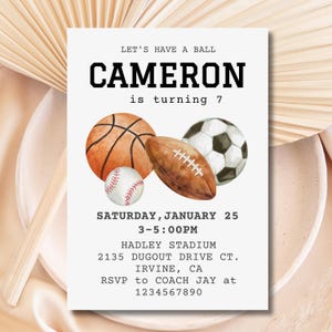 Faire-part d'anniversaire sportif | faire-part d'anniversaire | Baseball Basketball Football Party | Thème sportif d'anniversaire pour enfants | Invitation à un événement sportif