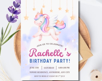 Editable Rainbow Unicorn Birthday Invitation: Canva Template, Instant Download - RAMI0041