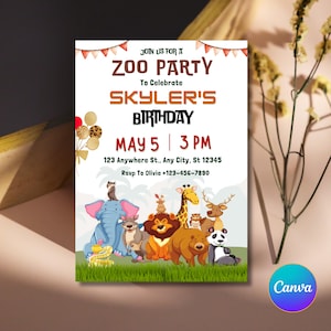 Zoo Birthday Party Invitation: Party Animals, Customizable Canva Template (PNG Digital Download