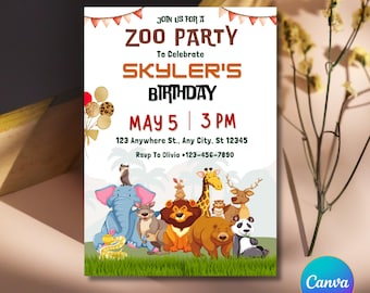 Zoo Birthday Party Invitation: Party Animals, Customizable Canva Template, Instant Download - RAMI0092
