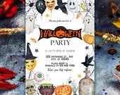 Watercolor Halloween Party Invitation, Editable Spooky Invite, Ghost Pumpkin & Skull Template - RAMI0070