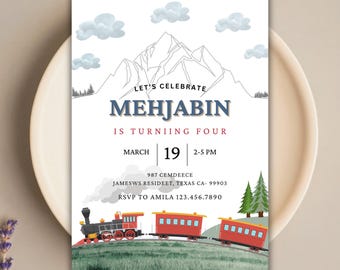 Editable Train Birthday Invitation, All Aboard the Birthday Express, Watercolor Choo Choo Template, - RAMI0124