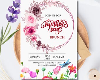 Editable Floral Mother's Day Brunch Invitation, Pink Roses, Instant Download - RAMI0128