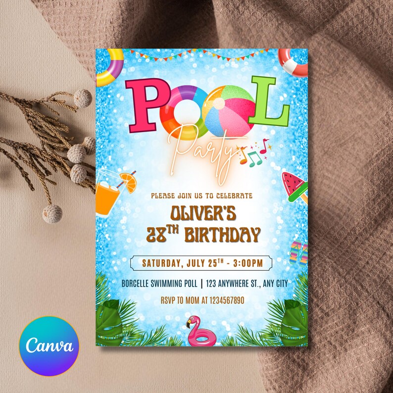 Editable Pool Party Invitation Template: Girl's Summer Birthday ...
