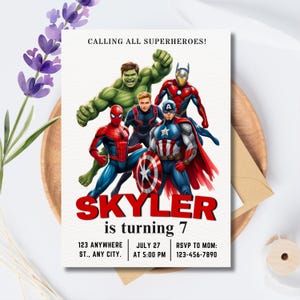 Modelo de convite de aniversário de super-herói, convite de aniversário de super-herói dos Vingadores, modelo de convite para festa infantil, cartão de convite de super-herói