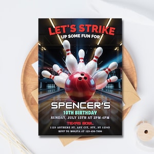 Może przedstawiać: Zaproszenie urodzinowe z motywem kręgli z czerwoną kulą uderzającą w białe kręgle. Na zaproszeniu widnieje napis "LET'S STRIKE UP SOME FUN FOR" oraz szczegóły 10. urodzin Spencera.
