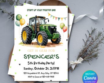 Editable Tractor Birthday Invitation Template: Farm Theme, Instant Download - RAMI0088