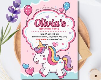 Pode incluir: Um convite rosa para uma festa de aniversário com um unicórnio de desenho animado, crina e cauda de arco-íris. O convite diz "Olivia's Birthday Party" com a data, hora e local. Balões e corações rosa e azuis decoram o convite.