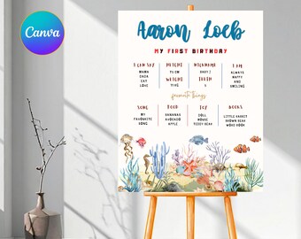 May include: A white poster on a wooden easel, featuring the text "Aaron Loeb, My First Birthday." The poster includes information about the child's height (75 cm), weight (11 kg), and favorite things, with an underwater-themed illustration at the bottom.