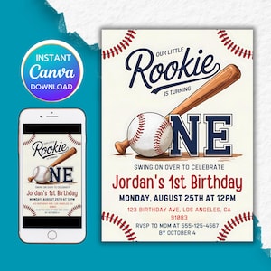 Bearbeitbare Baseball-Geburtstagseinladung, Rookie des Jahres, benutzerdefinierte Sportparty einladen, Jungen-Baseball-Thema, druckbare Party einladen, Canva
