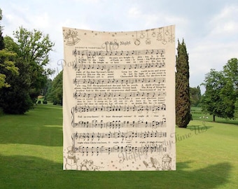 May include: A beige tapestry featuring musical notes and lyrics from "O Holy Night." The sheet music design includes decorative elements like bells, ornaments, and a snowman. The words "Happy Time Us" are printed at the bottom.
