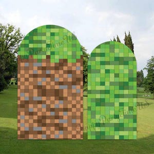 May include: Two Minecraft-themed archway decorations. One features a pixelated brown and grey earth design with a green grass top. The other has a green pixelated grass design. The words "Party Time" are visible.