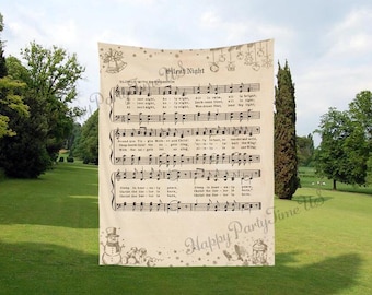 May include: A beige tapestry featuring sheet music for "Silent Night." The text is in black, with musical notes and lyrics. Decorative elements include bells, stars, and a snowman. The background is a green lawn and trees.