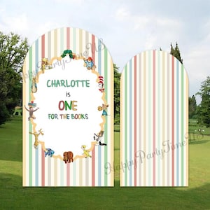 May include: Two arched backdrop panels featuring vertical pastel stripes in pink, blue, yellow, and green. The left panel displays a central scalloped frame with various storybook character illustrations and the text: CHARLOTTE is ONE FOR THE BOOKS.
