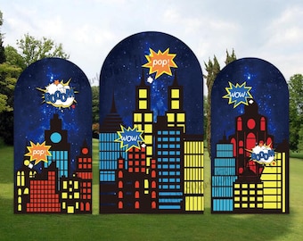Superhero Cityscape Arch Backdrop Cover: Party Photo Prop