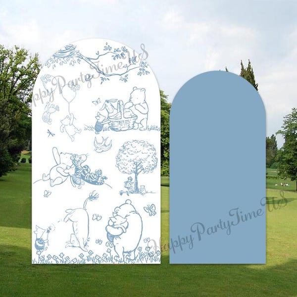 Winnie the Pooh Arch Backdrop Cover: Dusty Blue Boy Baby Shower Party Decor