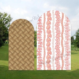 May include: Two arched backdrop panels. The left panel features a brown woven texture pattern. The right panel has a white background with vertical rows of pink floral lei designs. Both panels have a rounded top edge and a flat base.