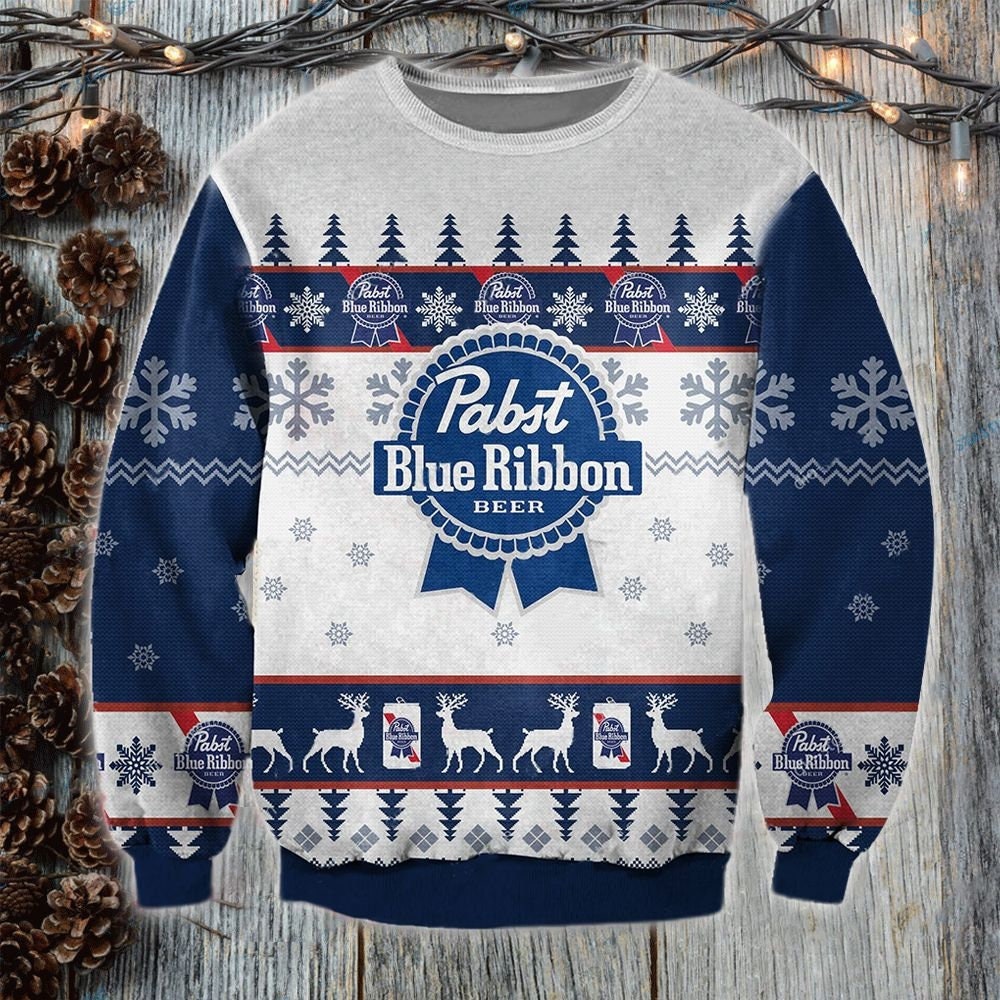 PBR Blue Ribbon Christmas Ugly Sweater 3D  3D Sweater