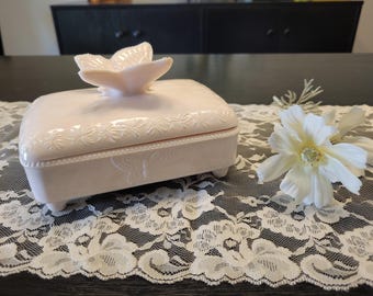 Shell Pink Milk Glass Butterfly Cigarette Box with Lid