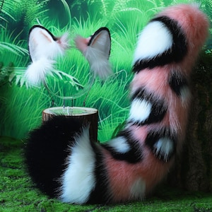 Pink splicing tiger ears and tail Fox ear tail-COSPLAY--Plush Headband-Simulation Fox Ears- Cat Ears-Halloween Gifts-Wolf Ears-Tail