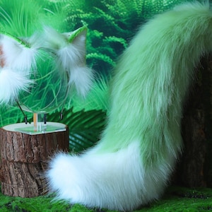 21inche Grass green Fox ear tail-COSPLAY--Plush Headband-Simulation Fox Ears- Cat Ears-Halloween Gifts-Wolf Ears-Tail