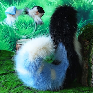 Black and blue stitching dog Fox ear tail-COSPLAY--Plush Headband-Simulation tiger Ear tail- Cat Ears-Halloween Gifts-Wolf Ears-Tail