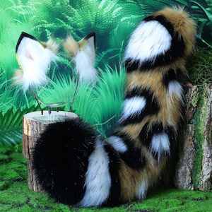 Brown stitching Wolf Ears-tail Tiger ears and tail Fox ear tail-COSPLAY--Plush Headband-Simulation Fox Ears- Cat Ears-Halloween Gifts