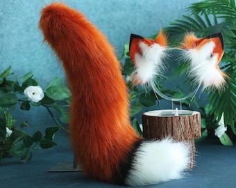 Red Brown Fox Tail- Fox Ears-COSPLAY--Plush Headband-Simulation Fox Ears- Cat Ears-Halloween Gifts-Wolf Ears-Tail