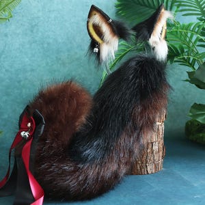Traje de cola de cachorro con orejas negras y marrones, traje de cola con orejas de lobo de imitación de piel realista, traje de cola con orejas de zorro, traje de cosplay