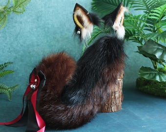 Black and brown ears puppy tail suit realistic imitation fur wolf ears tail suit fox ears tail suit Cosplay