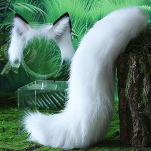 22 polegadas Orelha de lobo branca Cauda - Orelhas de raposa - COSPLAY - Faixa de cabeça de pelúcia - Simulação de orelhas de raposa - Orelhas de gato - Presentes de Halloween - Orelhas de lobo - Cauda