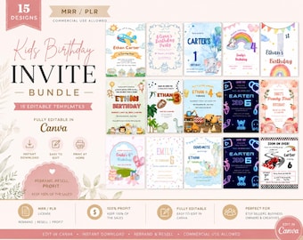 Editable Kids Birthday Invitation Bundle | 15 Canva Templates | PLR MRR Birthday Invites | Editable Party Invitation Bundle
