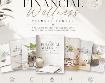 Financial Wellness Planner Bundle | Budget Planner, Debt Tracker, Savings Challenge, Credit Tracker & Money Mindset Journal | MRR PLR Canva