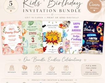 Editable Canva Templates | PLR MRR Invitation Bundle | 5 Kids Birthday Invitation Bundle | Digital Download | Birthday Party Invites