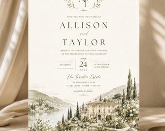 May include: A wedding invitation card featuring the names Allison and Taylor, the date May 24, 2026, and the location The Garden Estate in Charleston, South Carolina. The design includes a watercolour illustration of a villa by a lake.