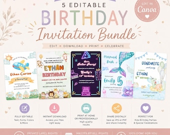 Editable Canva Birthday Invites | PLR MRR Birthday Invitation Bundle | Kids Party Templates | Editable Invitation Bundle | Digital Downloa