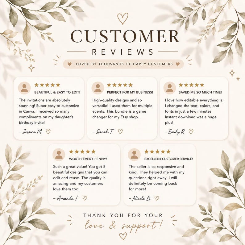 May include: A beige and brown graphic with the words "CUSTOMER REVIEWS" and customer testimonials. The design includes floral accents and the phrase "LOVED BY THOUSANDS OF HAPPY CUSTOMERS."