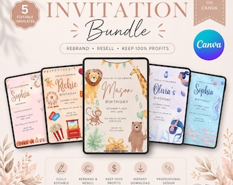 Editable | Digital Birthday Invitations Bundle | PLR & MRR Digital Product | 5 Canva Templates for Print on Demand and Digital Marketing