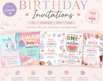 Editable Canva Birthday Invites | PLR MRR Birthday Invitation Bundle | Kids Birthday Templates | Resell Canva Templates | Instant Down