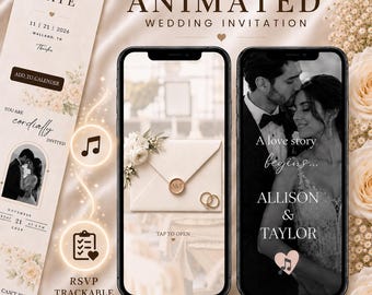 May include: An animated wedding invitation displayed on two smartphones and a vertical card. The screens show a cream envelope with a wax seal and a couple in formal attire with the text A love story begins Allison & Taylor. The card includes date 11 21 2026, location Walland, TN, and RSVP trackable icons.