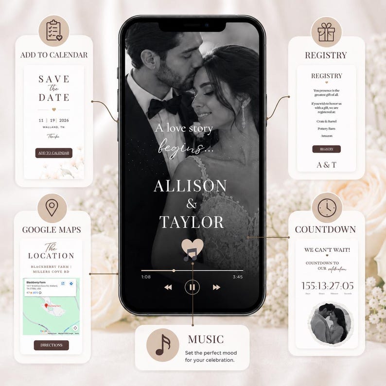 May include: A digital wedding invitation interface displayed on a smartphone screen, featuring a black and white photo of a couple, music player controls, and four surrounding interactive panels for calendar, registry, location map, and countdown.