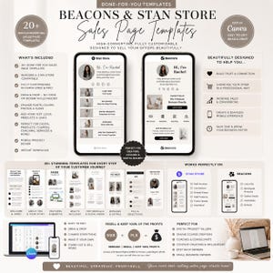 May include: A promotional graphic for "Beacons & Stan Store Sales Page Templates." The design includes two smartphone mockups displaying sales page examples, along with icons and text highlighting features like customization, drag-and-drop editing, and mobile-friendly design. The templates are designed for digital product sellers.