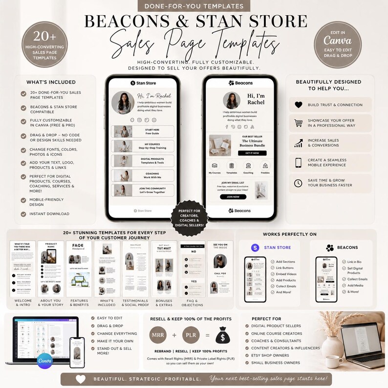 May include: A promotional graphic for "Beacons & Stan Store Sales Page Templates." The design includes two smartphone mockups displaying sales page examples, along with icons and text highlighting features like customization, drag-and-drop editing, and mobile-friendly design. The templates are designed for digital product sellers.