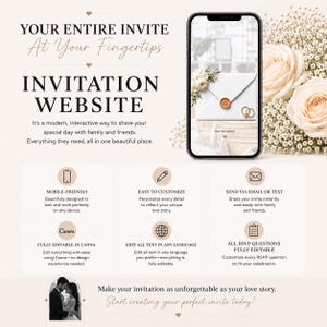 May include: A digital invitation website template displayed on a smartphone screen, featuring text that reads YOUR ENTIRE INVITE AT YOUR FINGERTIPS, INVITATION WEBSITE, and details about mobile-friendly, customisable, and editable features via Canva.