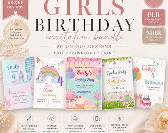 Editable Girls Birthday Invitation Bundle | 20 Canva Templates | PLR MRR Invitation Bundle | Kids Birthday Party Invites | HBD Invites