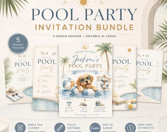 Pool Party Invitation Bundle | 5 Editable Canva Templates | Summer Pool Party Invites | MRR PLR Digital Product | Printable Invitation Set