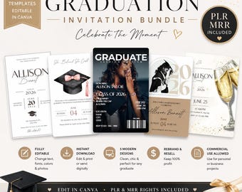 Editable Graduation Invitation Bundle | 5 Modern Canva Templates | PLR MRR Graduation Invites | Chic Graduation Party Bundle | Party Invite