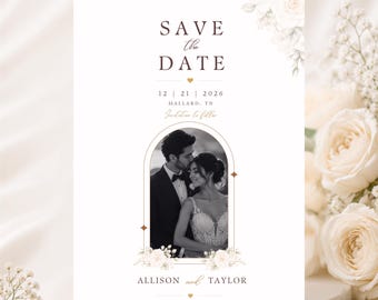 May include: A white Save the Date card featuring the text SAVE the DATE, the date 12 | 21 | 2026, location Mallard, TN, and the names Allison and Taylor. A central arched frame contains a black and white photograph of a couple, accented by floral illustrations.
