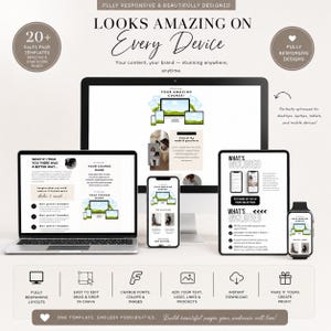 May include: A digital marketing design showcasing a website template across various devices: a laptop, desktop monitor, tablet, smartphone, and smartwatch. The design includes the text "LOOKS AMAZING ON Every Device" and "Build beautiful pages your audience will love!"